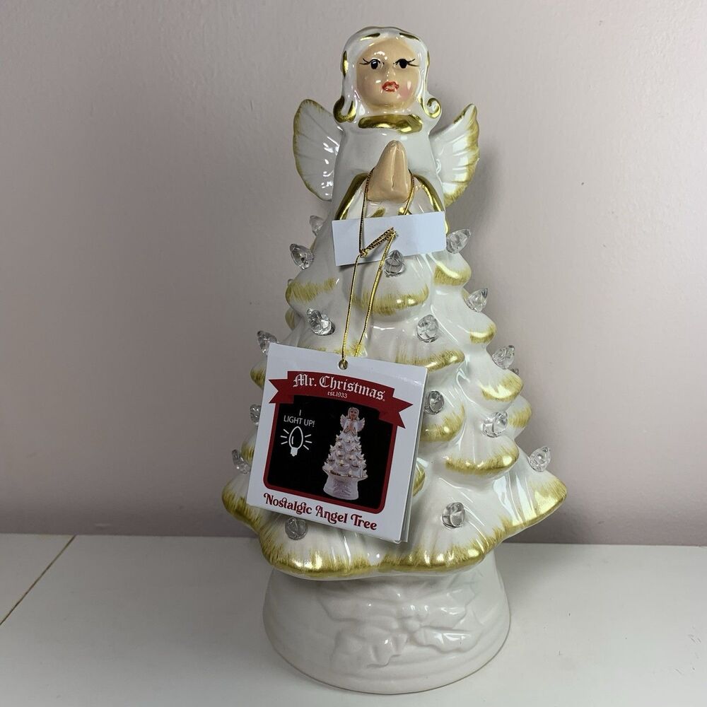 Mr. Christmas Ceramic Angel Tree Tabletop Decor W/Timer White/Gold 8.5” Holiday